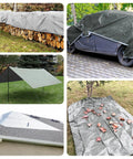 Collage of Heavy Duty 16 Mil Waterproof Tarp 10x10 Feet for Outdoor Use protecting firewood, car, and campsite in various settings