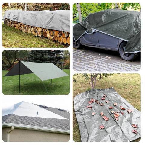 Collage of Heavy Duty 16 Mil Waterproof Tarp 10x10 Feet for Outdoor Use protecting firewood, car, and campsite in various settings