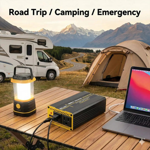 Road Trip Ready 300 Watt Car Power Inverter With Dual AC Outlets And Fast USB Ports Highway Cruising DC To AC Converter Tailgate Loaded For Weekend Getaways on a camping table.
