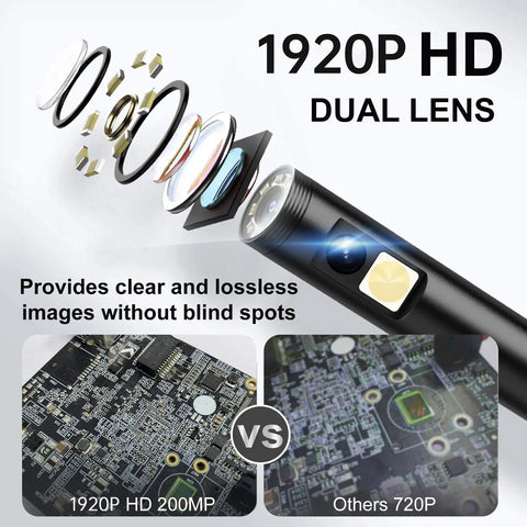 1920P HD Dual Lens Endoscope Camera with lens detail and image clarity comparison to 720P