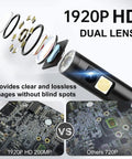 Dual Lens HD Endoscope Camera With Semi Rigid Snake Cable IP67 Waterproof 8 LED Lights Dimmable 1920P Resolution For Industrial Pipeline Inspection Compatible With Smartphones And Tablets Three And A Half Feet Long, close-up lens view