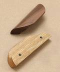Oak Wood Oblique Angle 4.41 Inch Windbreaker Cabinet Door Handle In Antique Long Walnut Finish, top and bottom view