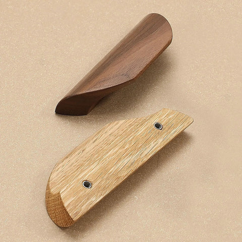 Oak Wood Oblique Angle 4.41 Inch Windbreaker Cabinet Door Handle In Antique Long Walnut Finish, top and bottom view