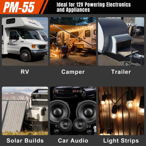 Dang Tough 55 Amp Rv Power Converter With Built In Four Stage Smart Battery Charger 110V Ac To 12V Dc for RV, camper, trailer, and car audio.