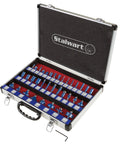 Open aluminum case with 35 Piece Router Bits Set Carbide Woodworking Kit for DIY Home Improvement, including Allen wrench.