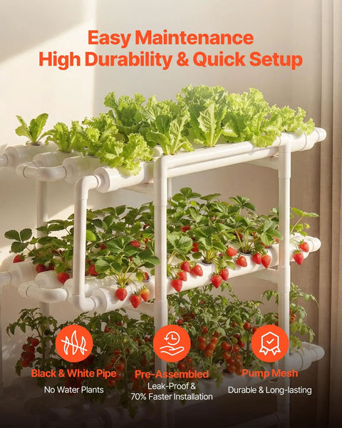 Hydroponics Growing System Kit For Home Garden With 3 Tier 108 Sites UPVC Pipe setup with lettuce and strawberries