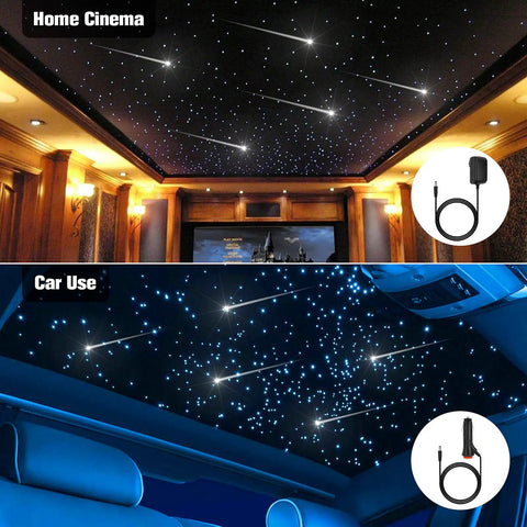 Starlight Headliner Kit For Cars With Shooting Star And Twinkle Effects Dope RGBW Fiber Optic Lights in home and car settings.