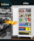 Heavy Duty Metal Garage Storage Cabinet On Wheels With Lockable File Cabinets, Two Doors And Five Adjustable Shelves, 74 Inch Tall Tool Cabinet For Home Office Or Warehouse, Easy Assembly, White, open with shelves