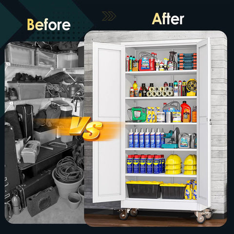 Heavy Duty Metal Garage Storage Cabinet On Wheels With Lockable File Cabinets, Two Doors And Five Adjustable Shelves, 74 Inch Tall Tool Cabinet For Home Office Or Warehouse, Easy Assembly, White, open with shelves