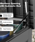 Close-up of hydraulic rod on 320 Gallon Outdoor Deck Box Waterproof Storage Chest With Lid For Patio And Garden Heavy Duty Resin Weatherproof Storage Box For Cushions Tools And Pool Accessories.