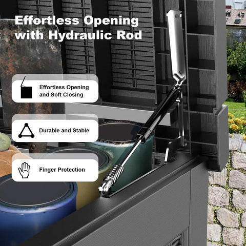 Close-up of hydraulic rod on 320 Gallon Outdoor Deck Box Waterproof Storage Chest With Lid For Patio And Garden Heavy Duty Resin Weatherproof Storage Box For Cushions Tools And Pool Accessories.