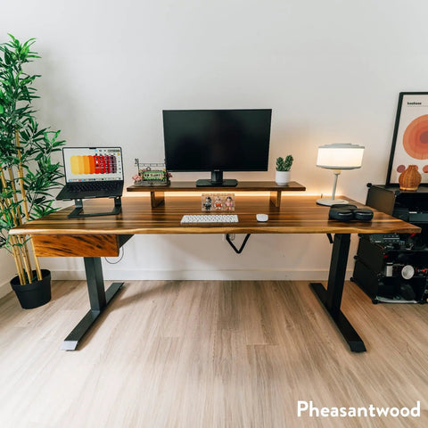Straight Up Solid Hardwood Ergonomic Standing Desk With Sleek Dual Drawers For Chill Work From Home Setup And Premium Walnut Gray Finish You Will Definitely Love in a stylish home office setting.