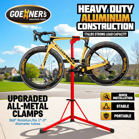 Upgraded Heavy Duty Bike Repair Stand With 360 Degree Clamp Holds Up To 176 Lbs Portable Aluminum Work Stand For Any Bike Including Mountain Road And E Bike Maintenance Adjustable Clamp From 1 To 2.4 Inches Red showcasing a mounted bike
