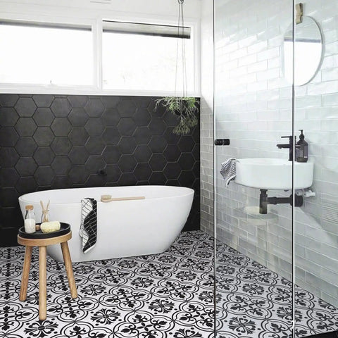Bathroom with black and white peel and stick floor tiles set of 10 waterproof self adhesive vinyl flooring 11.8 inches by 11.8 inches