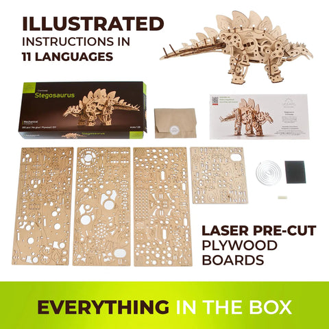 Walking Stegosaurus Wooden 3D Puzzle Kit for Adults, Wind Up Mechanical Dinosaur Model, DIY Craft Project with 305 Pieces, Laser-cut plywood boards