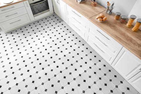 Betera Blanco Porcelain Tile For Floors And Walls, 13.13 In Square, 0.31 In Thick, Glazed Low Sheen Finish in kitchen setting