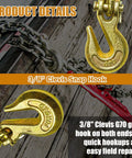 Close-up of 3/8 inch clevis snap hook for G80 Transport Chain with zinc yellow finish, designed for secure towing and hauling.