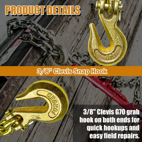 G80 Transport Chain Three Eighths Inch By Twenty Five Foot With Clevis Grab Hooks on Wooden Surface