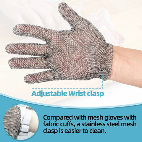 Cut Resistant Tough As Nails Stainless Steel Chainmail Glove For Meat Cutting Oyster Shucking And Fish Slicing Food Grade 316 Stainless Steel Butcher Glove Hygienic Easy To Clean Size Small showing adjustable wrist clasp