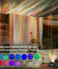 Northern Lights Aurora Projector With Star Projector And Music Speaker illuminating a room with colorful lights and stars.