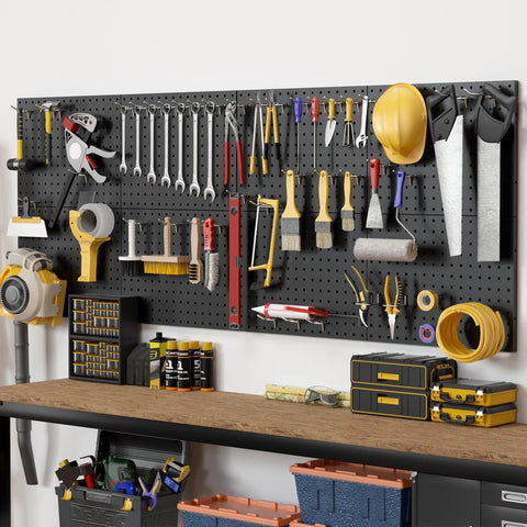 Beefy Heavy Duty Steel Pegboard Panels Set Of 8 With 50 Hooks Each 16 By 12 Inch Wall Organizer For Garage With Tools