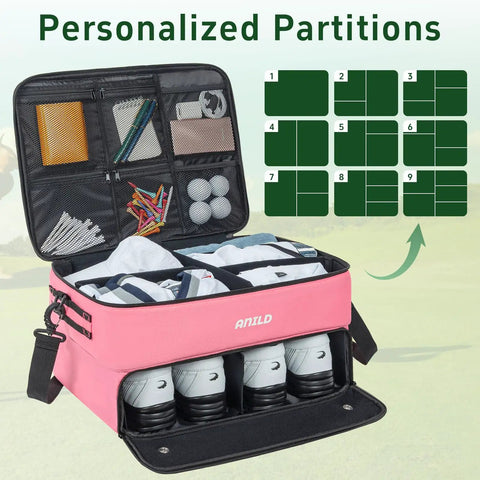 Two Layer Golf Trunk Organizer With Separate Ventilated Shoe Compartment For Two Pairs Of Shoes, storage compartments visible