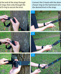 Instructions on attaching Hanging Hammock Chair For Patio With Plush Headrest And Armrests Outdoor Swing Seat using tree straps.