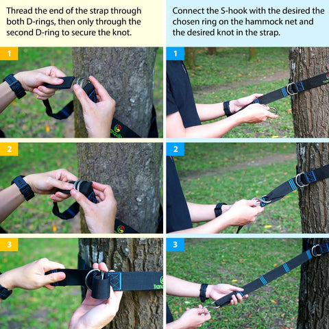 Instructions on attaching Hanging Hammock Chair For Patio With Plush Headrest And Armrests Outdoor Swing Seat using tree straps.