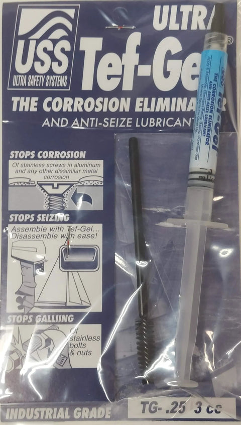 Tef-Gel TG-.25 3cc Anti-Corrosion And Anti-Seize Pro-Grade Marine Lubricant package with syringe and brush in seal.