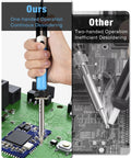Comparison of Desoldering Iron Solder Sucker Pro Grade 2 In 1 Tool 110V Desoldering Pump with one-hand operation on a circuit board.
