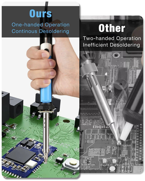 Comparison of Desoldering Iron Solder Sucker Pro Grade 2 In 1 Tool 110V Desoldering Pump with one-hand operation on a circuit board.