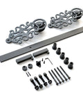 Ornate Cut Roller Black Iron Sliding Barn Hardware Kit For Single Door Hardware Only, Door Not Included 5 Foot Track With Wall Mount Supports