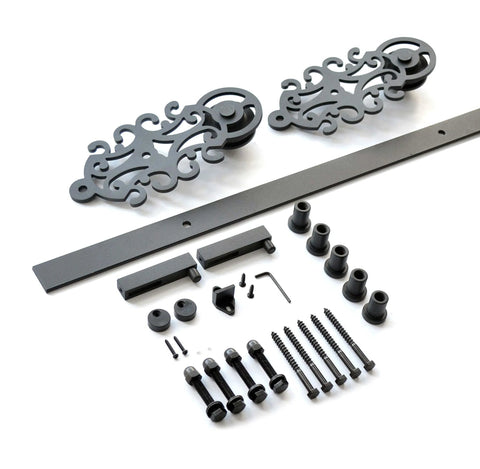 Ornate Black Iron Sliding Barn Door Hardware Kit for Single Door with 5.5 Foot Track, heavy duty parts, includes rollers and stoppers.