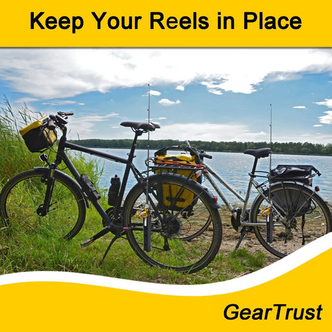 No Sweat Clamp On Bike Fishing Pole Holder And Motorcycle Rod Mount With Anti Skid Silicone Grip Adjustable Angle Bracket For Smooth Rides And Tackle Storage, bikes secured by water with fishing rods.