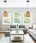 Boho Rattan Pendant Light Fixture With 72in Golden Cotton Cord Handwoven Hanging Lamp For Kitchen Island And Living Room Bulb Included Warm Ambient Glow Easy Install in a modern living room setting.