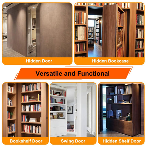 Hidden doors and bookcase using Beefy Heavy Duty Hidden Door Hinge With 570 Pound Load Bearing for secret access.