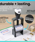 Built Hella Tough Heavy Duty Self Inking Date Stamp Featuring Dual Blue And Red Roller Ink, showing the robust metal frame and date print.