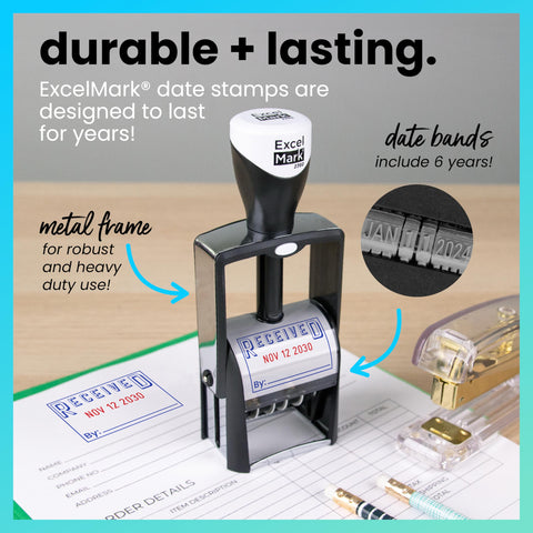 Built Hella Tough Heavy Duty Self Inking Date Stamp Featuring Dual Blue And Red Roller Ink, showing the robust metal frame and date print.