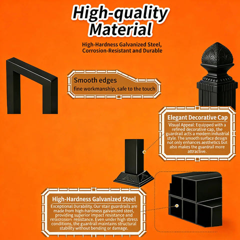 Image of Slick Matte Black U Shape Indoor Outdoor Stair Railing showing components, including smooth edges and decorative cap.