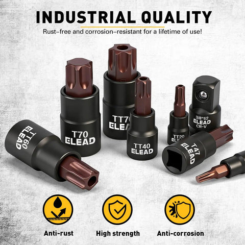 Beefy 37-Piece Torx Bit Socket Set With Three Drive Sizes, T6 to T70H, showcasing tamper-proof star bits in premium CR-V steel.