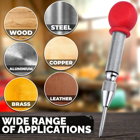 Five Inch Automatic Spring Loaded Center Punch With Adjustable Strike And S2 Steel Tip for precision marking on wood, steel, and leather.