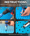 Installation instructions for 75-Piece All Black Large Flange Aluminum Blind Rivets Kit With Multiple Sizes, using a rivet gun and panel.