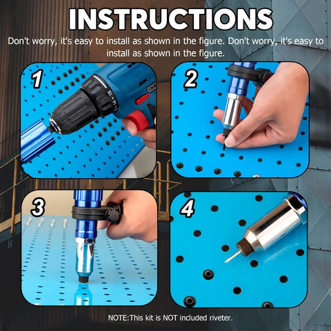 Installation instructions for 75-Piece All Black Large Flange Aluminum Blind Rivets Kit With Multiple Sizes, using a rivet gun and panel.