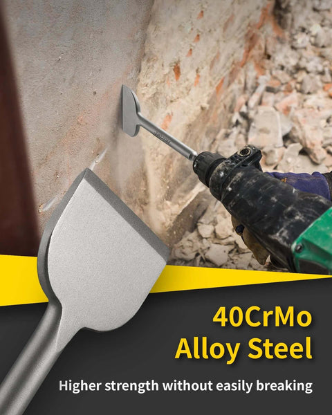 SDS Plus tile removal chisel bit in 40CrMo alloy steel, front view with rotary hammer drill