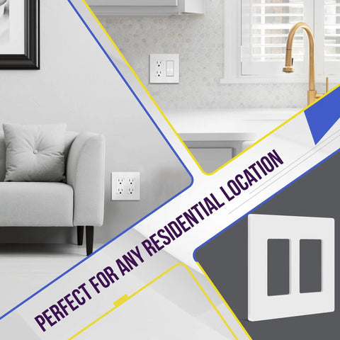 2-Gang Screwless Decorator Wall Plate With Child Safe Outlet Covers in living room and kitchen, glossy white finish, 10 pack.