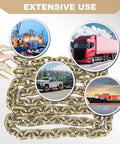 Two Pack Binder Chains With Hooks Three Eighths Inch By Twenty Foot Log Chain For Load Tie-Down Trailer Flatbed Farm Safety Tow Chain WLL 4900 Lbs G80 Heavy-Duty Transport Chains shown with hooks and extensive use cases in background.