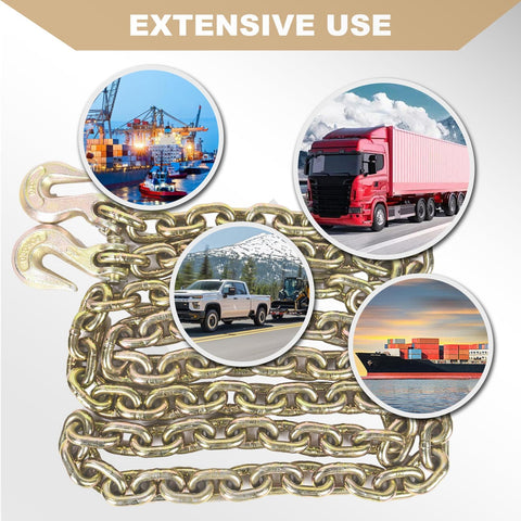 Two Pack Binder Chains With Hooks Three Eighths Inch By Twenty Foot Log Chain For Load Tie-Down Trailer Flatbed Farm Safety Tow Chain WLL 4900 Lbs G80 Heavy-Duty Transport Chains shown with hooks and extensive use cases in background.