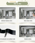 Installation steps for Wood Grain Tape Self Adhesive 3.9 Inch By 15 Foot For Tables Chairs Baseboards Doors Windows Floors And Furniture Renovation Black Finish Easy DIY Scratch Repair For Cabinets And More, showing cleaning, cutting, and applying on a mirror.