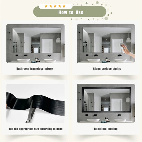 Installation steps for Wood Grain Tape Self Adhesive 3.9 Inch By 15 Foot For Tables Chairs Baseboards Doors Windows Floors And Furniture Renovation Black Finish Easy DIY Scratch Repair For Cabinets And More, showing cleaning, cutting, and applying on a mirror.
