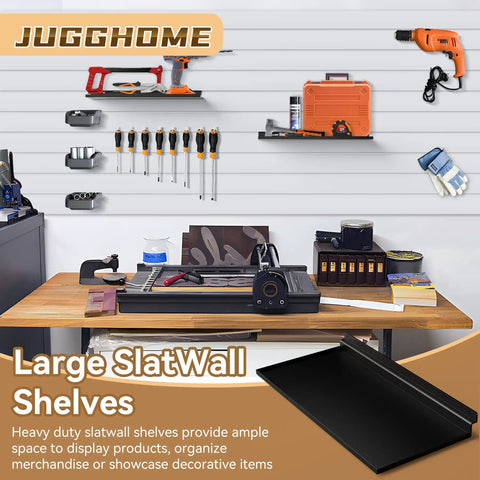 2 Pack Slatwall Shelves 17 By 8 Inch Large Heavy Duty Black Metal Wall Shelves for slatwall panels in garage workspace